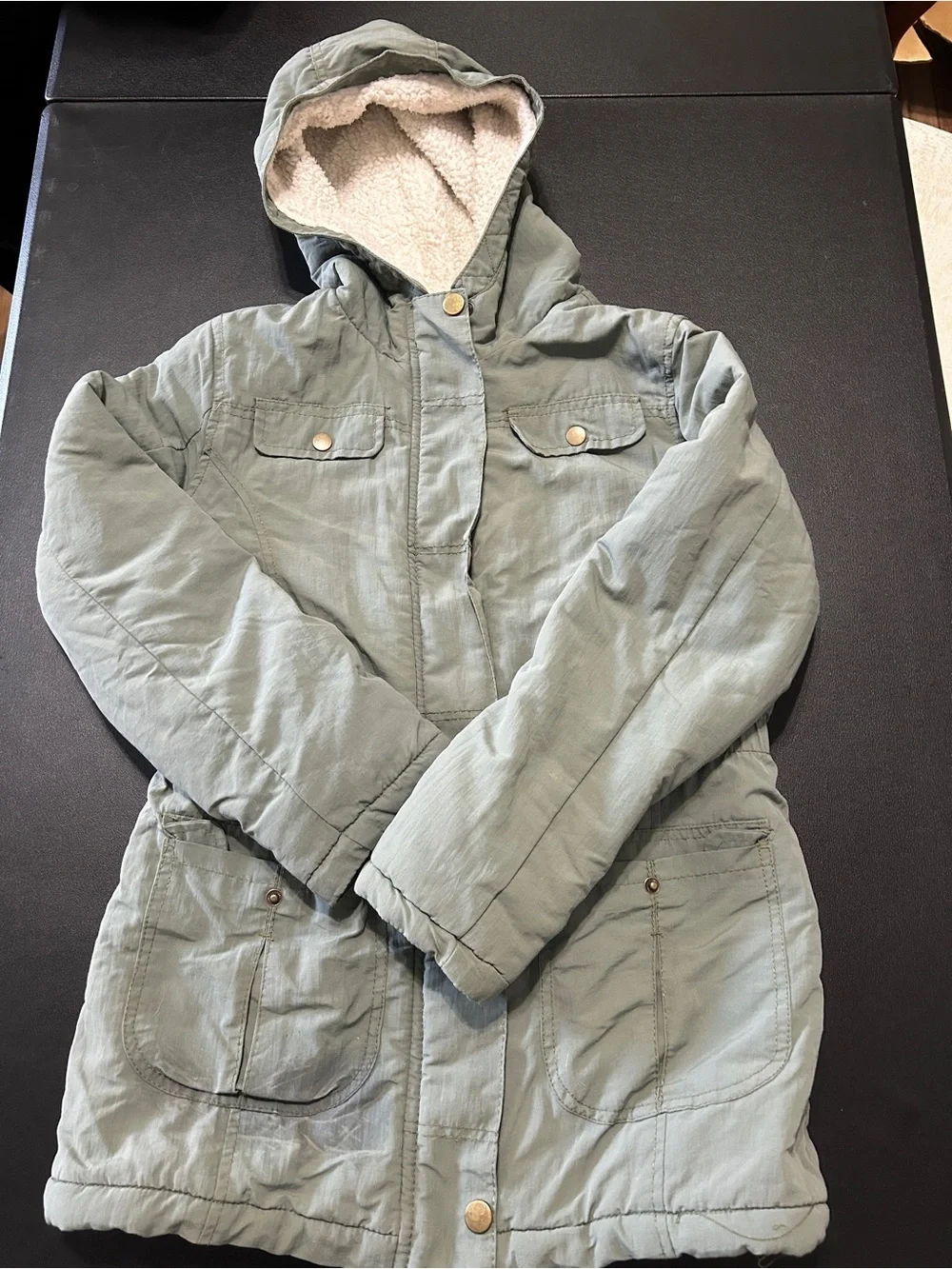 Cat & Jack Sage Green Utility Parka Jacket Sherpa Hood Pockets Size 14-16